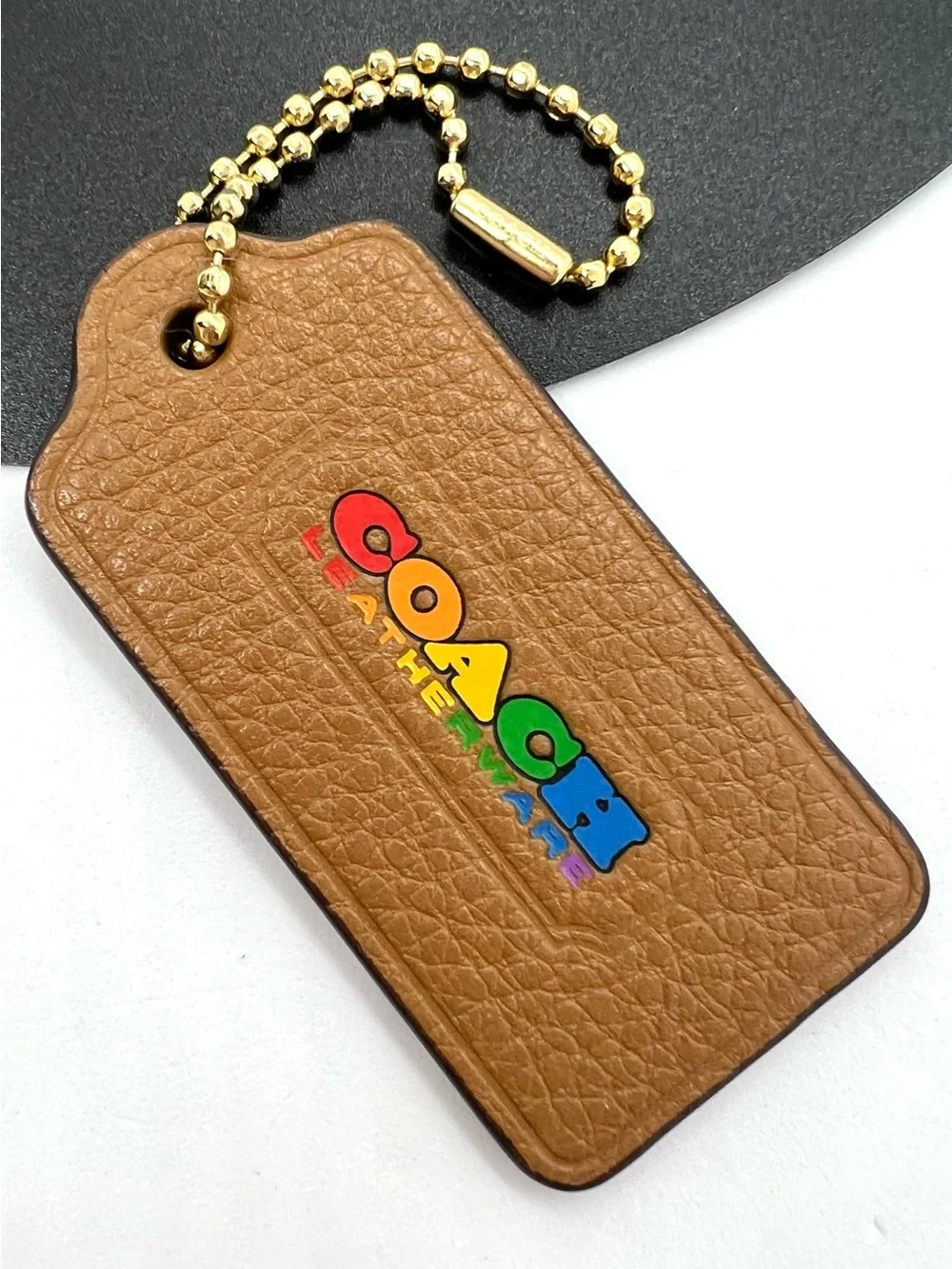 Coach Rainbow Pride Leatherware Hang Tag Bag Charm Saddle Brown Gold EUC